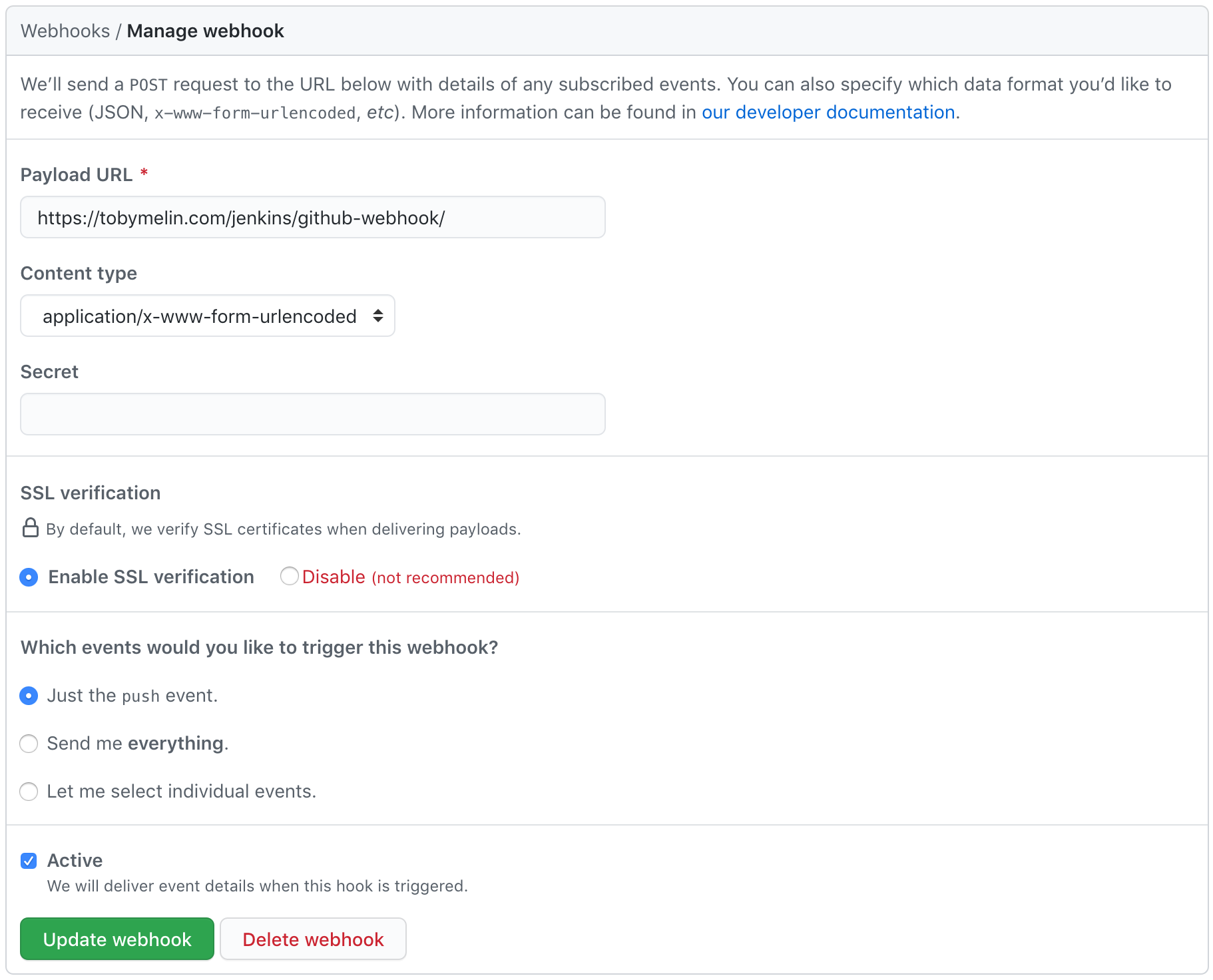 GitHub Webhook Settings